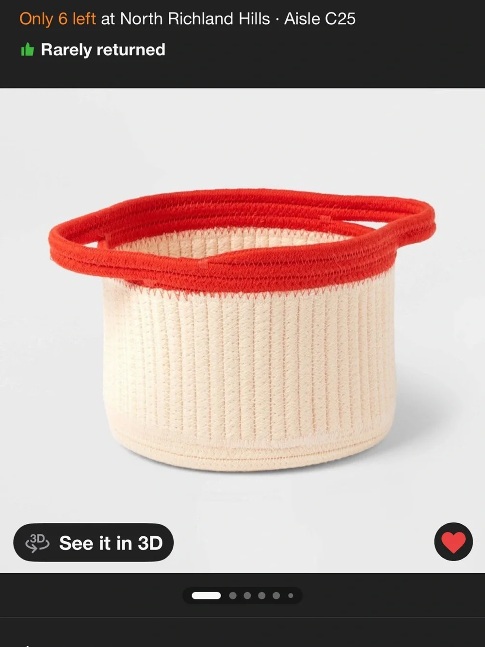 Small Coiled Rope Kids' Storage Basket Cream and Red Pillowfort NWT home decor